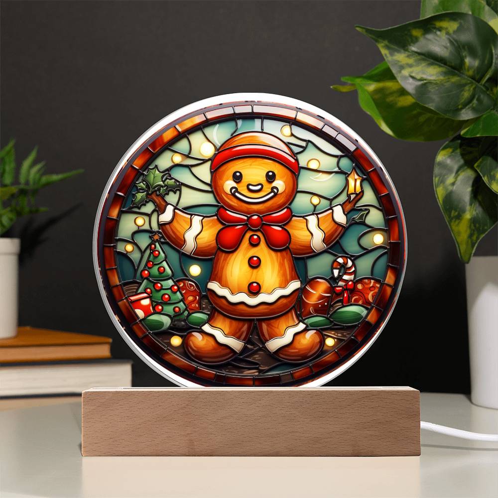 Christmas Gingerbread Man - Acrylic Circle Plaque with Available LED Night Light