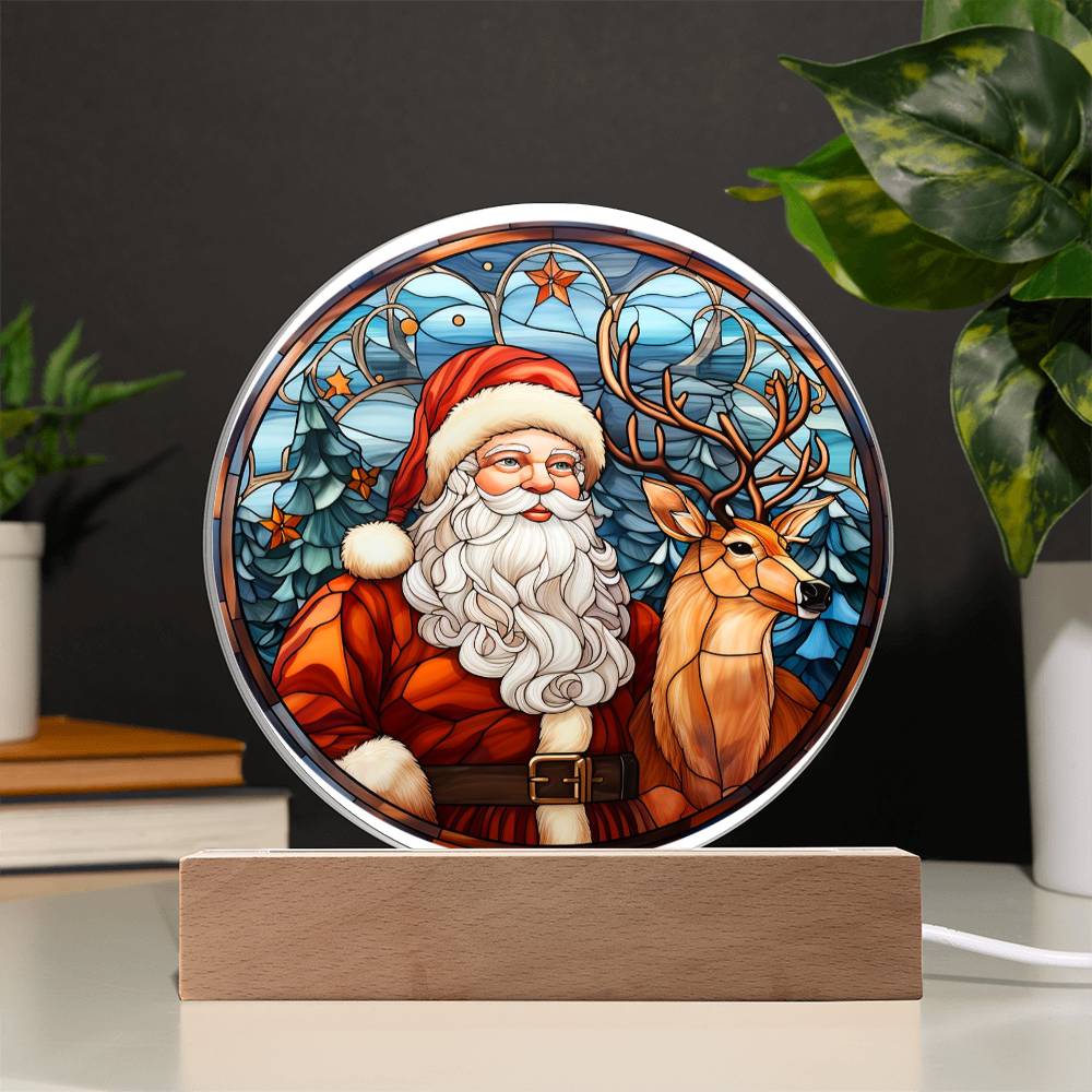 Santa with Reindeer- Acrylic Circle Plaque with Available LED Night Light