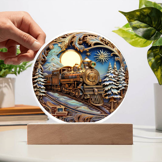 Christmas Fairy Tale Train- Acrylic Circle Plaque with Available LED Night Light