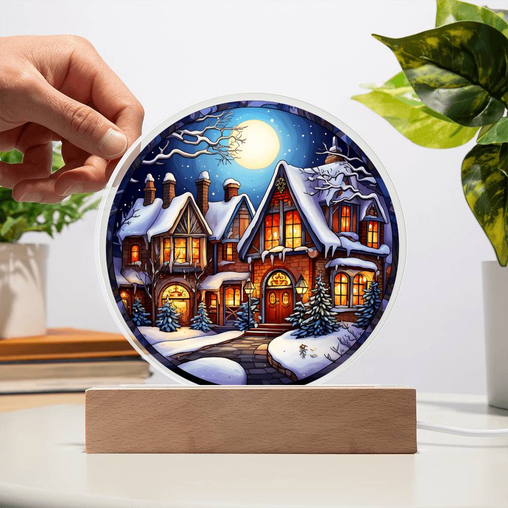 Snow Covered House Acrylic Circle Plaque with LED Home Decor Gift