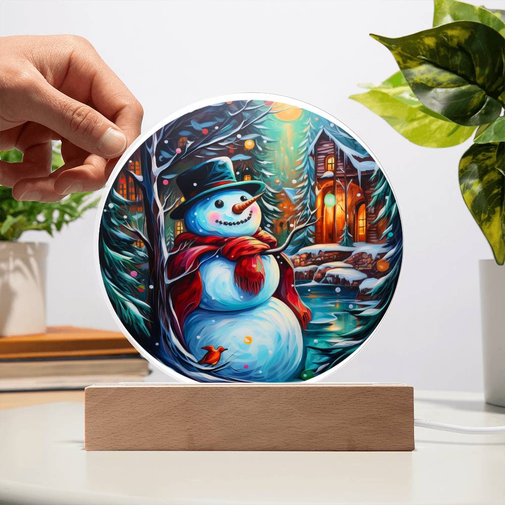 Snowman Acrylic Circle Plaque with Available LED Night Light