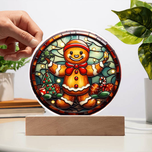 Christmas Gingerbread Man - Acrylic Circle Plaque with Available LED Night Light