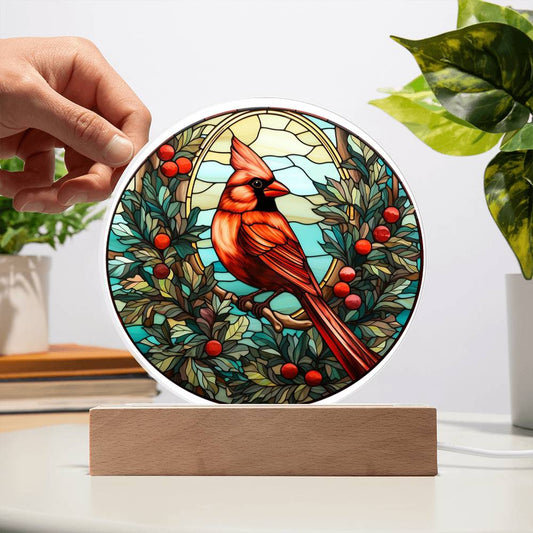 Christmas Cardinal - Acrylic Circle Plaque with Available LED Night Light