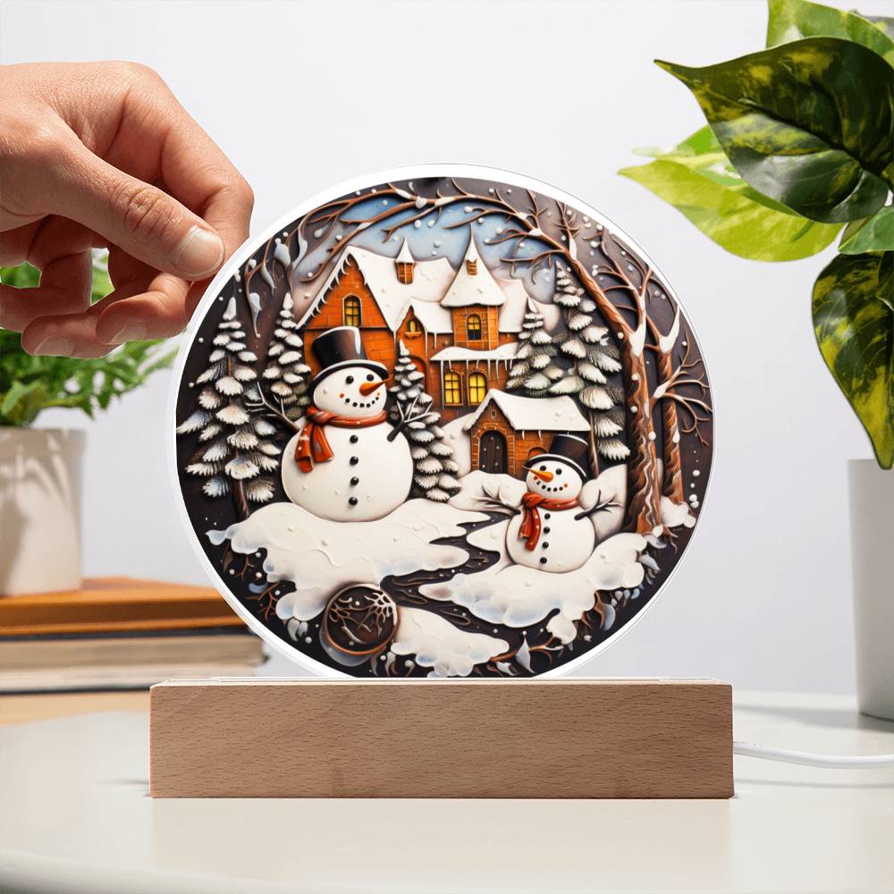 Twin Snowmen Acrylic Circle Plaque with Available LED Night Light