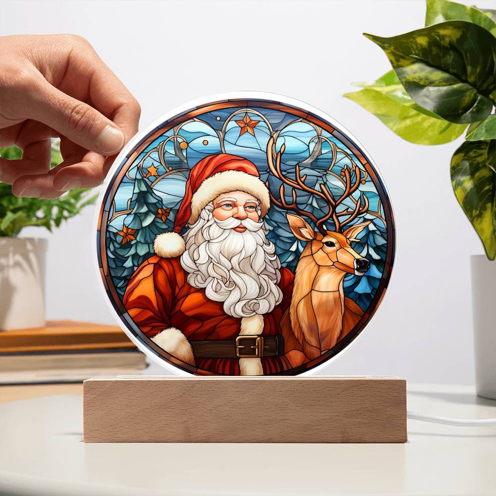 Santa with Reindeer- Acrylic Circle Plaque with Available LED Night Light