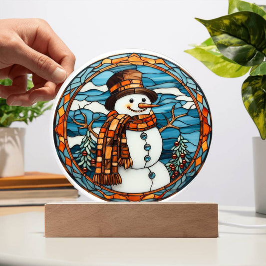 Stained Glass Snowman Acrylic Circle Plaque with Available LED Night Light