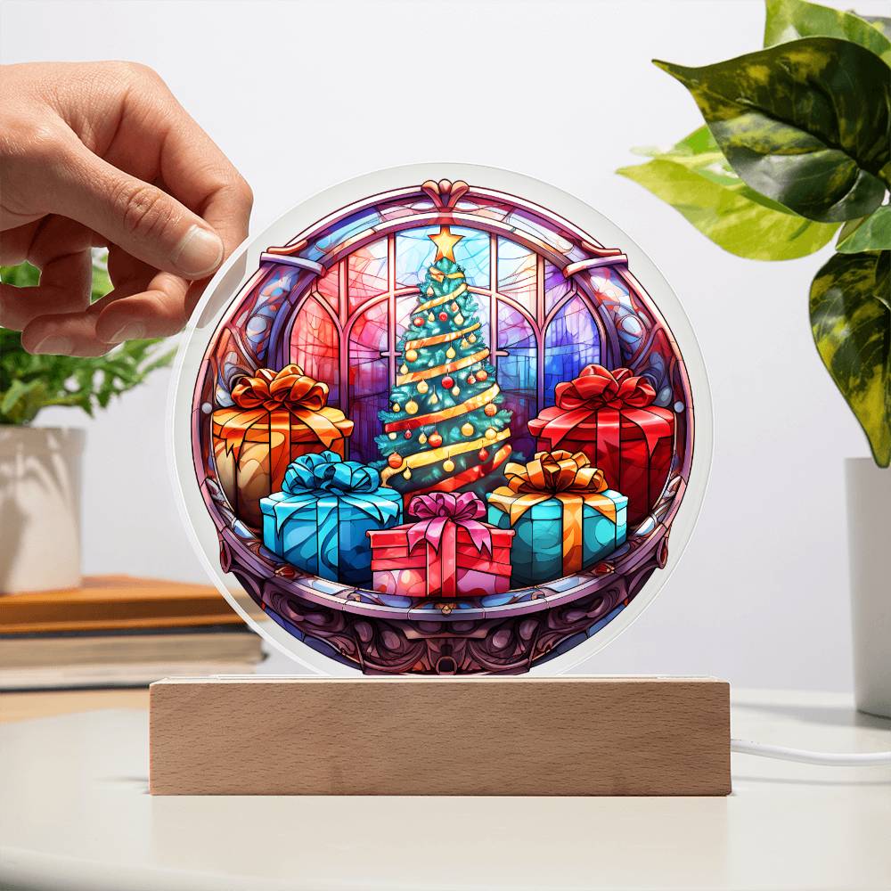 Christmas Tree and Gift Acrylic Circle Plaque with LED