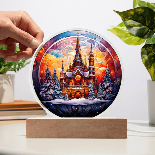 Christmas Gift - Christmas Castle Acrylic Circle Plaque with LED