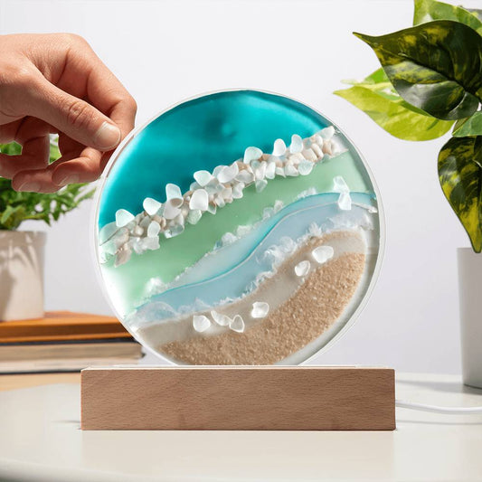 Sea Glass Acrylic Circle Plaque Table Top Display with LED