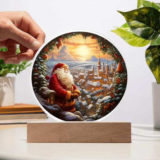 Christmas Santa and Town Acrylic Circle Plaque with Available LED Night Light