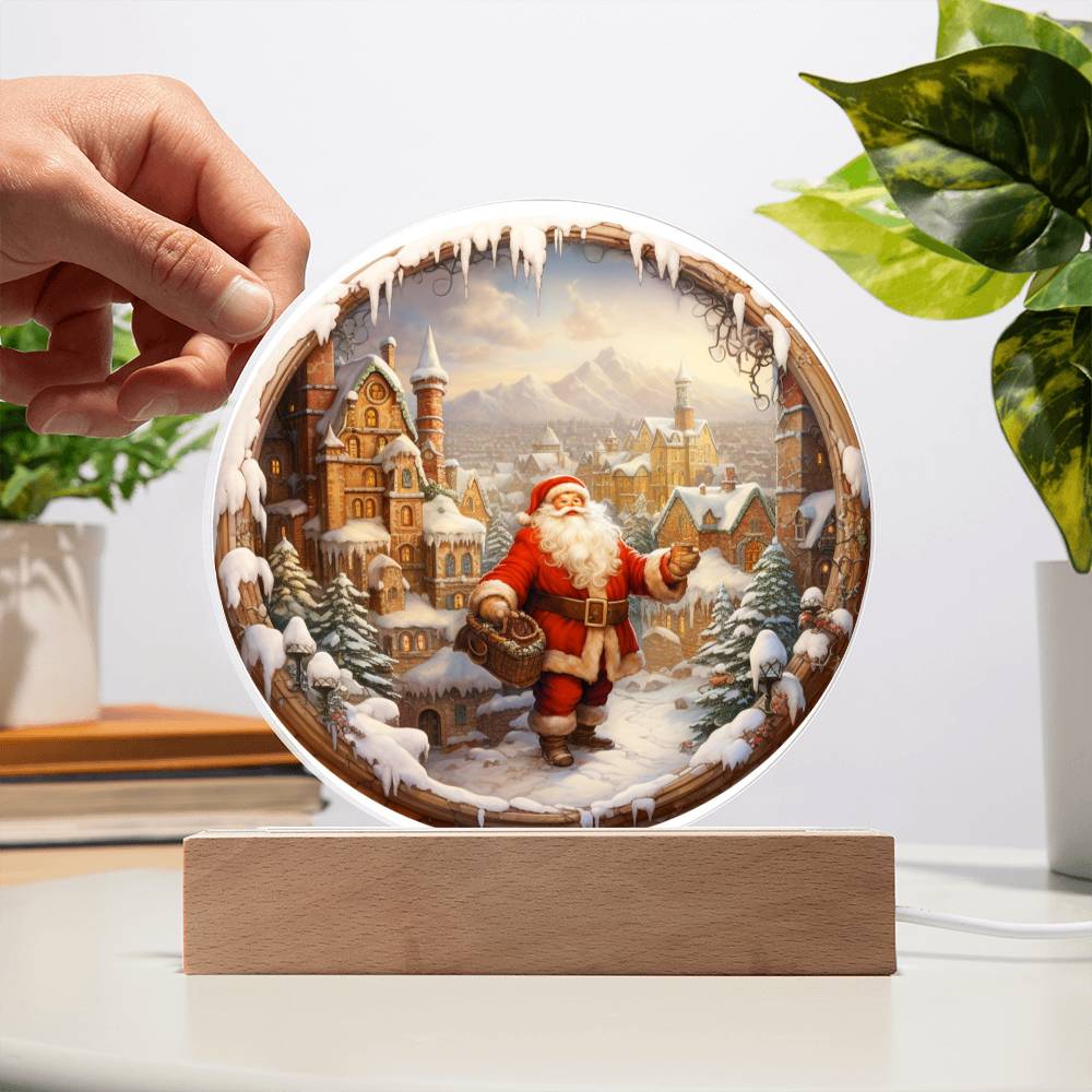 Christmas Santa Comes To Town Acrylic Circle Plaque with Available LED Night Light