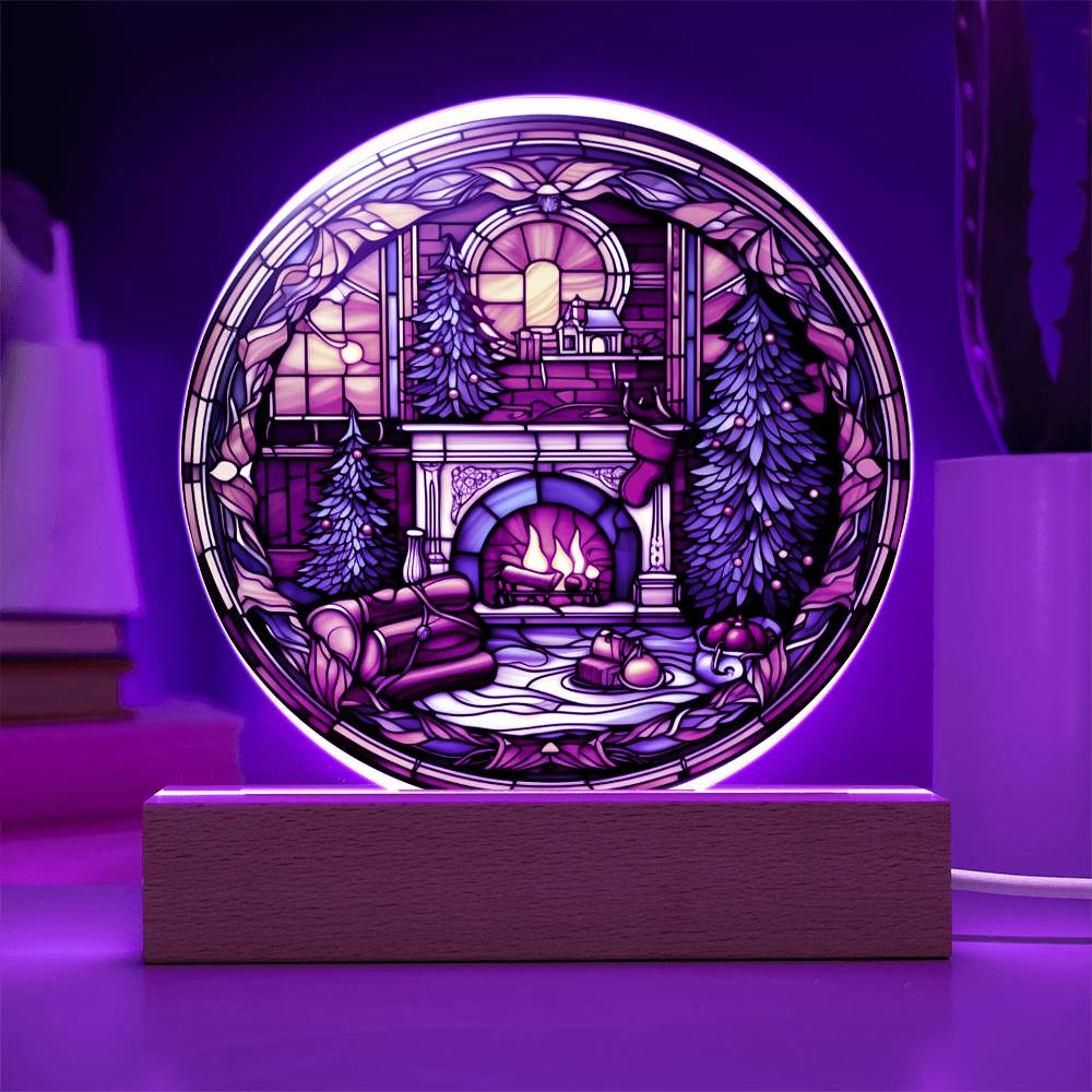 Christmas Fireplace- Acrylic CirclePlaque with Available LED Night Light