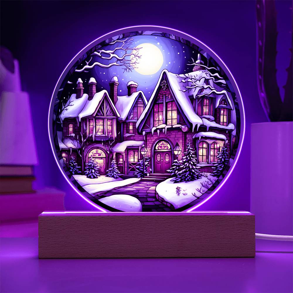 Snow Covered House Acrylic Circle Plaque with LED Home Decor Gift