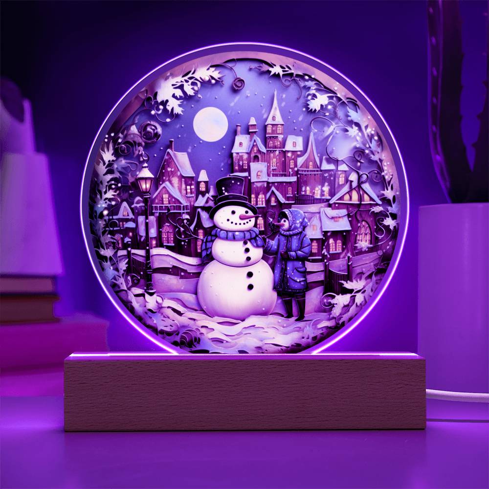 Christmas Snowman Gift - Acrylic Circle Plaque with Available LED Night Light - Snowman in Town