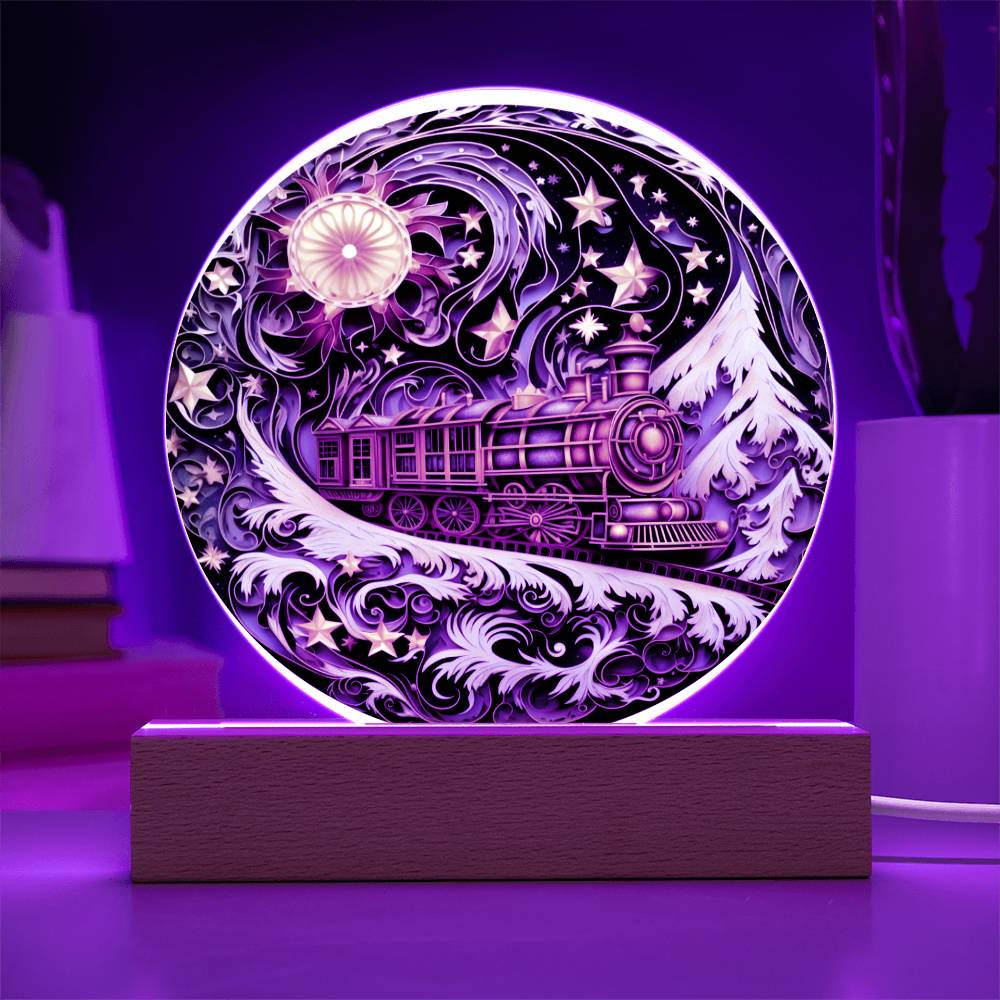 Christmas Gift - Acrylic Circle Plaque with Available LED Night Light - Wonderful Train Christmas