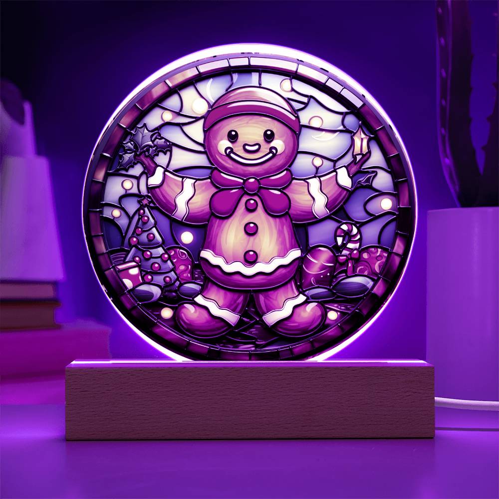 Christmas Gingerbread Man - Acrylic Circle Plaque with Available LED Night Light