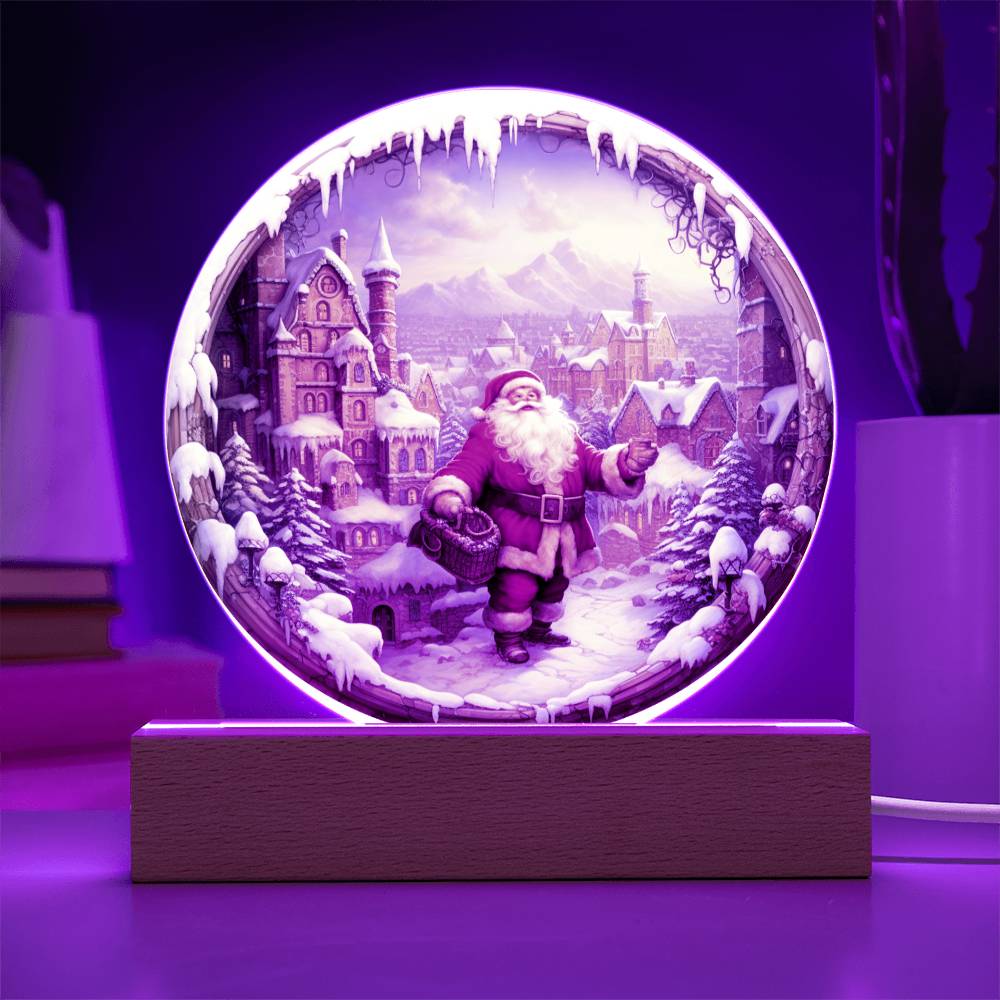 Christmas Santa Comes To Town Acrylic Circle Plaque with Available LED Night Light