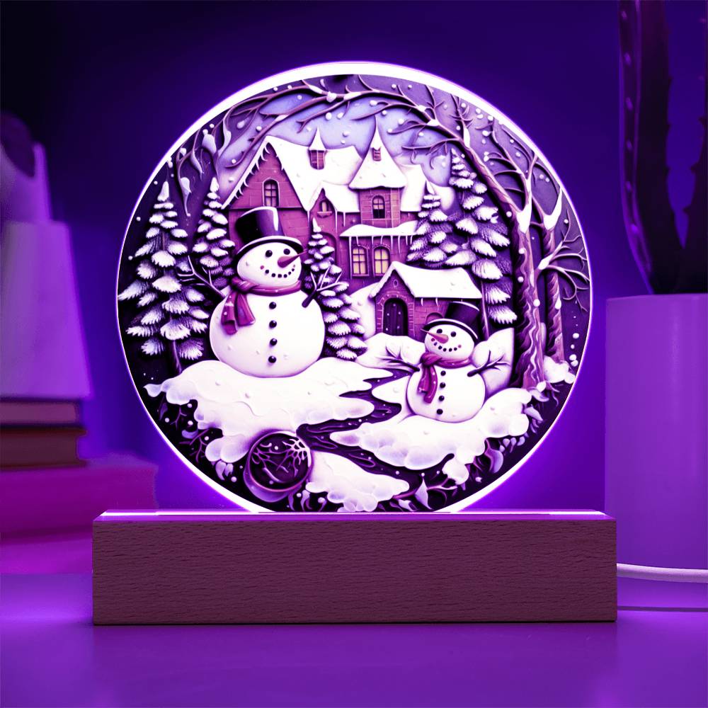 Twin Snowmen Acrylic Circle Plaque with Available LED Night Light