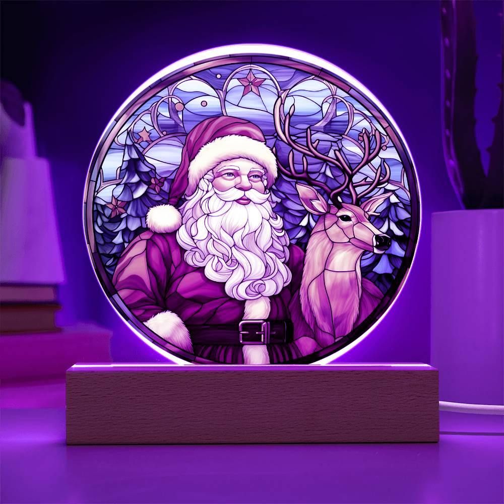 Santa with Reindeer- Acrylic Circle Plaque with Available LED Night Light