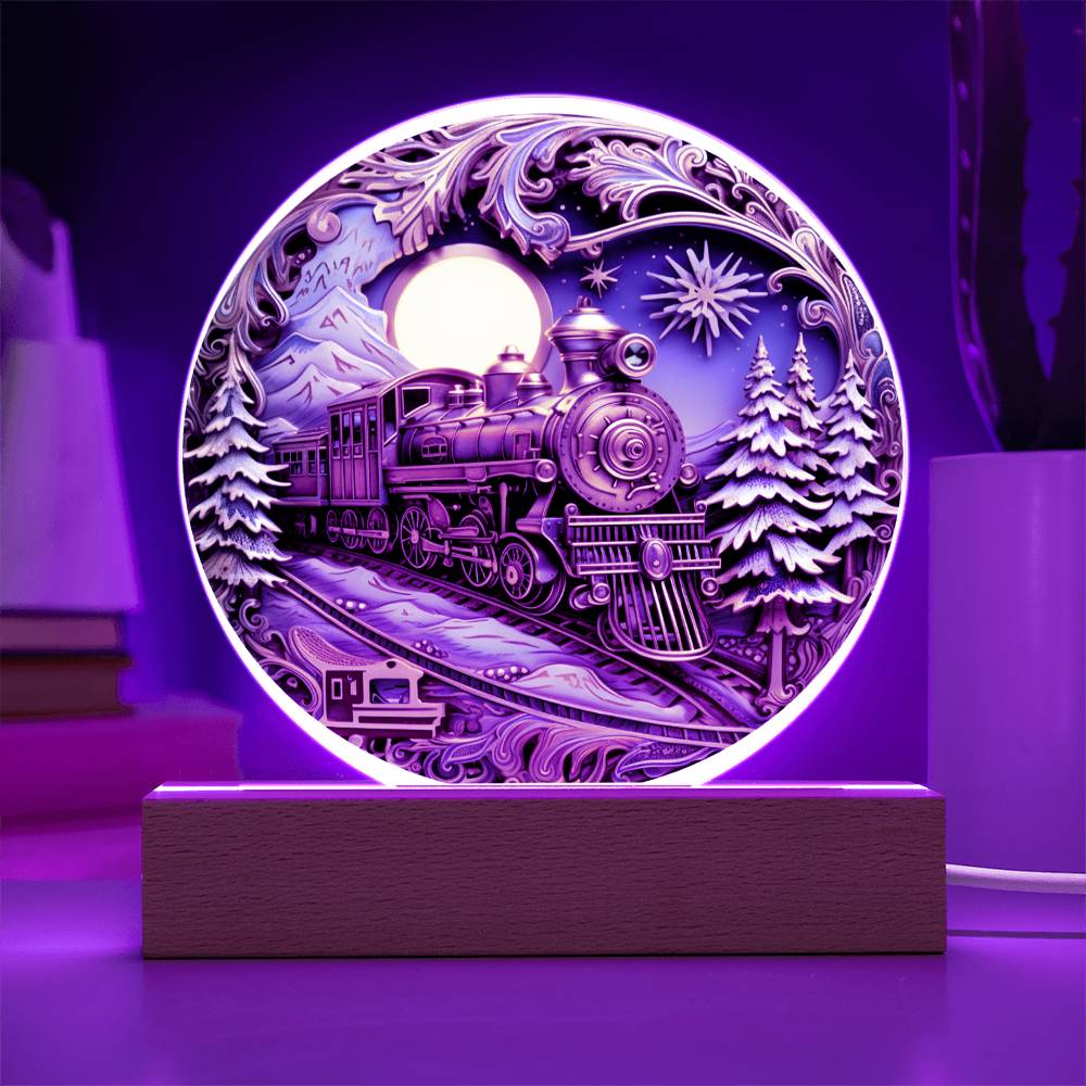 Christmas Fairy Tale Train- Acrylic Circle Plaque with Available LED Night Light