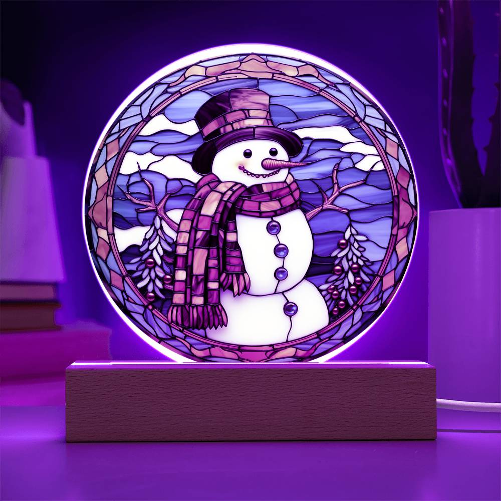 Stained Glass Snowman Acrylic Circle Plaque with Available LED Night Light