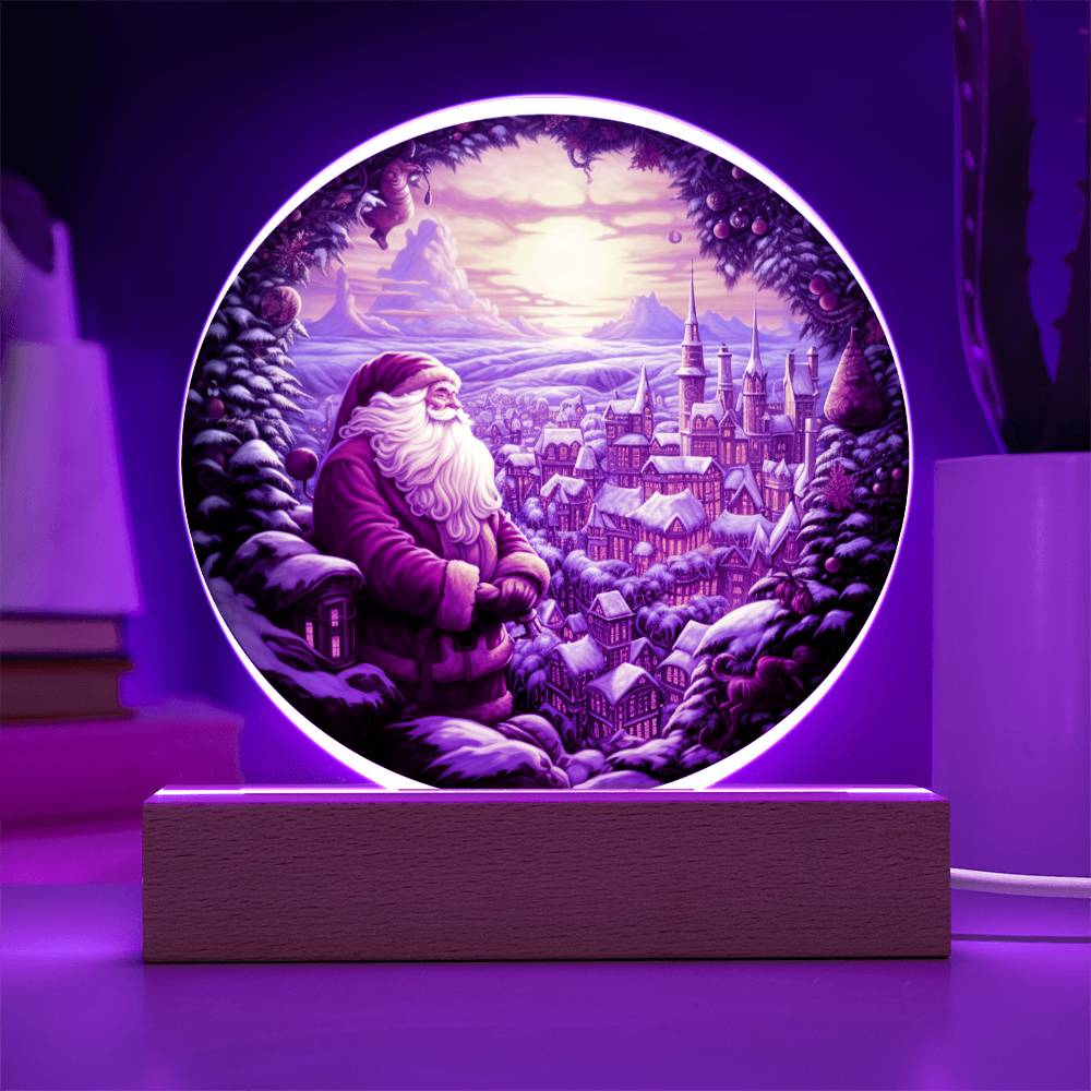 Christmas Santa and Town Acrylic Circle Plaque with Available LED Night Light