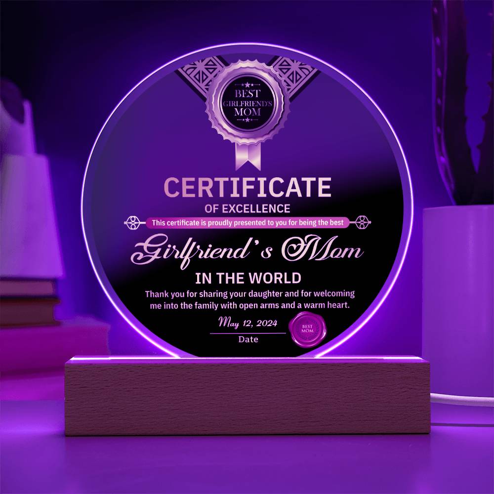 Girlfriend's Mom Circle Acrylic Plaque Table Lamp - Certificate Of Excellence