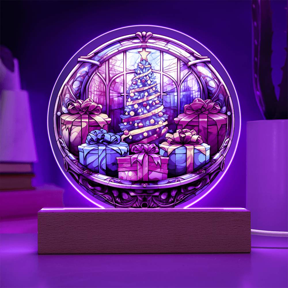 Christmas Tree and Gift Acrylic Circle Plaque with LED