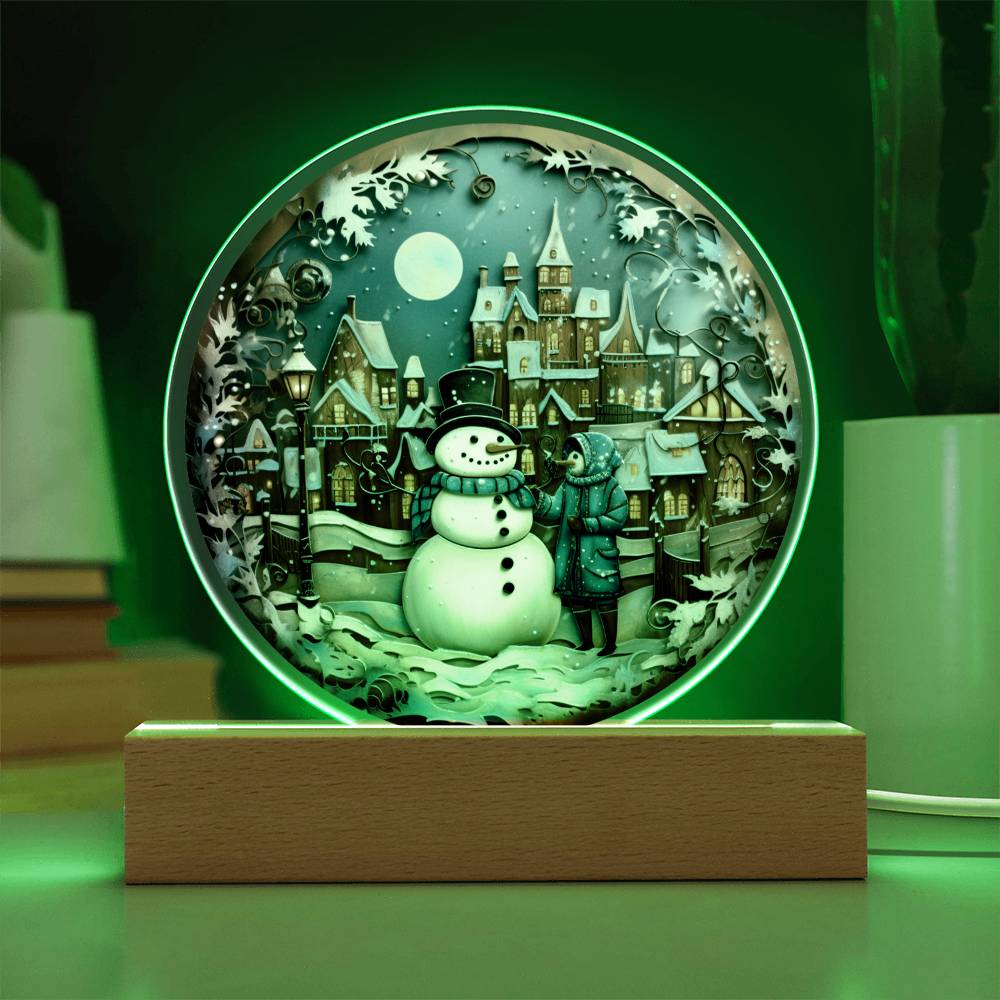 Christmas Snowman Gift - Acrylic Circle Plaque with Available LED Night Light - Snowman in Town