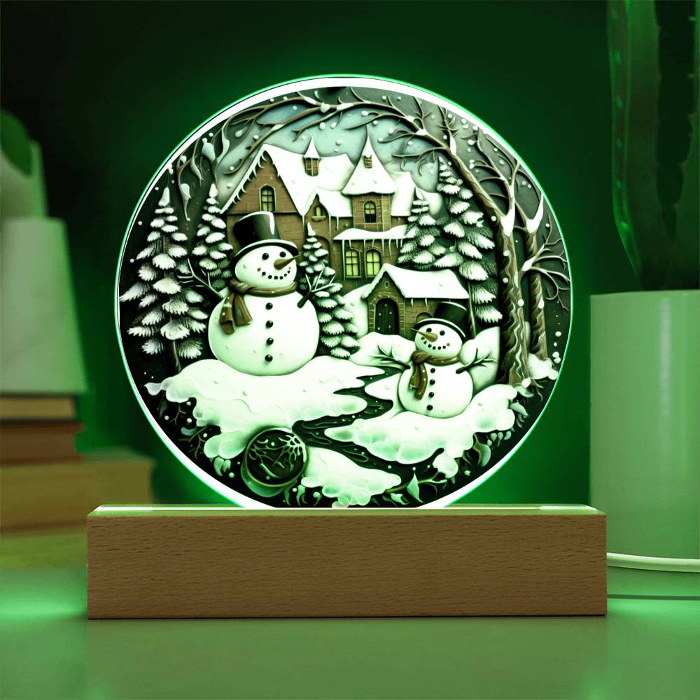 Twin Snowmen Acrylic Circle Plaque with Available LED Night Light