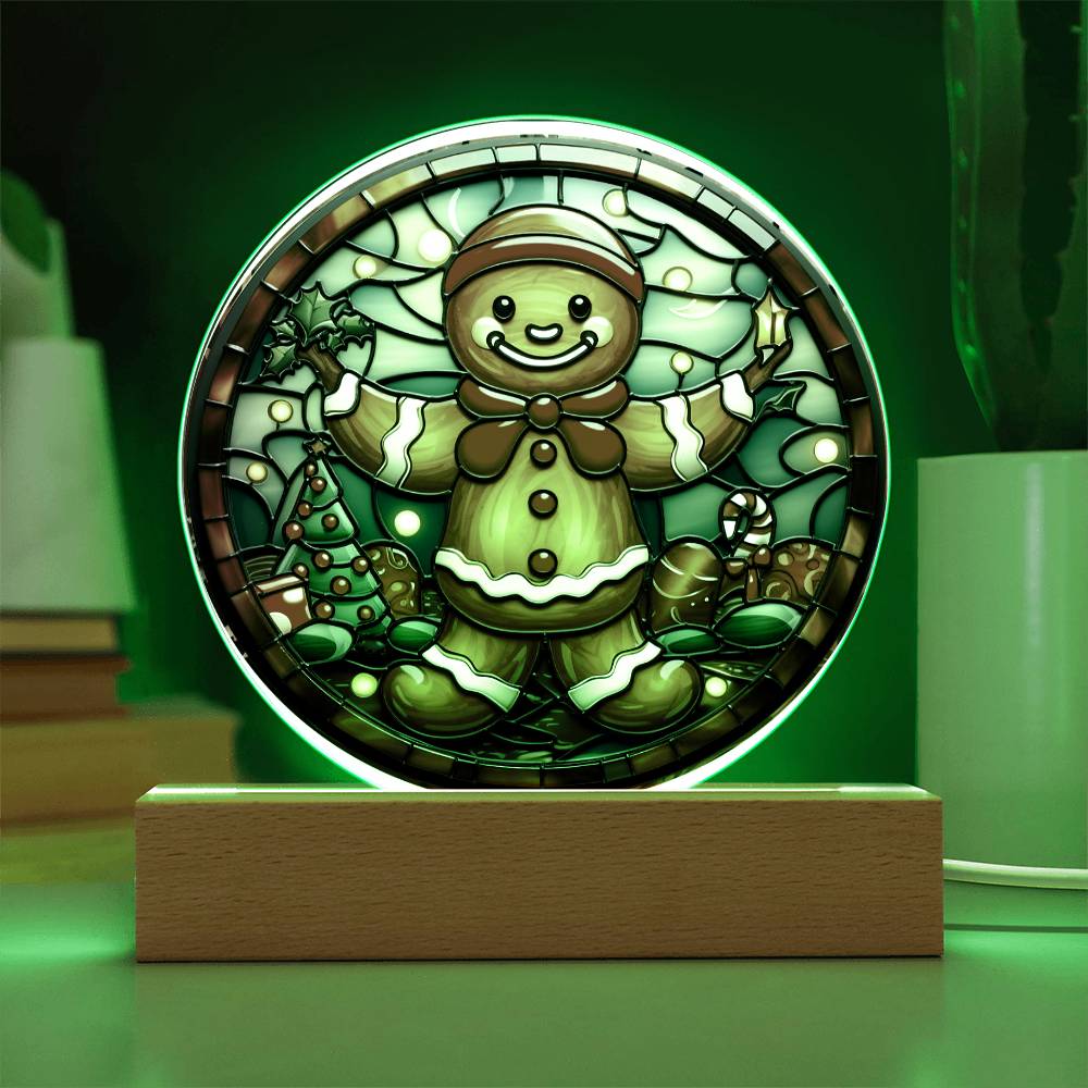 Christmas Gingerbread Man - Acrylic Circle Plaque with Available LED Night Light