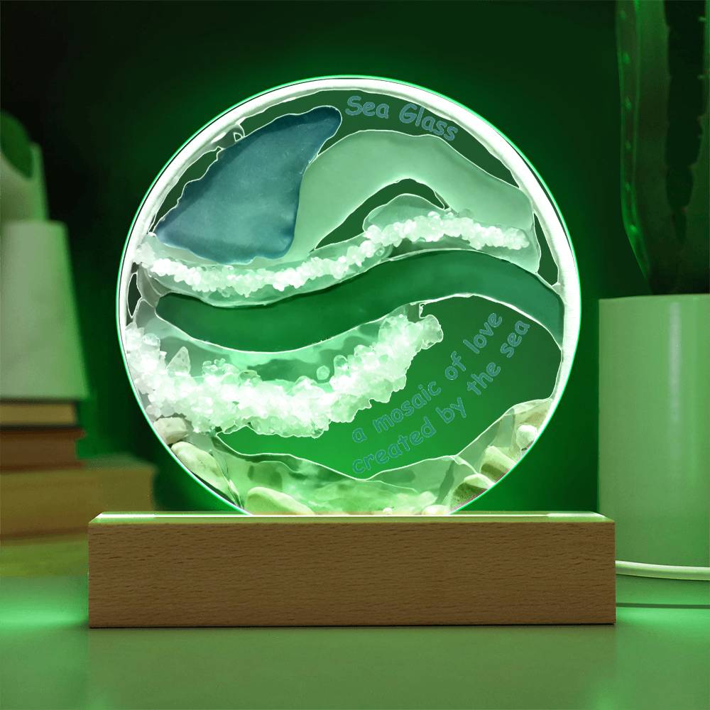 Sea Glass Mosaic Of Love Acrylic Circle Plaque Table Top Display with LED