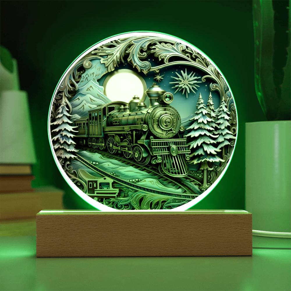 Christmas Fairy Tale Train- Acrylic Circle Plaque with Available LED Night Light