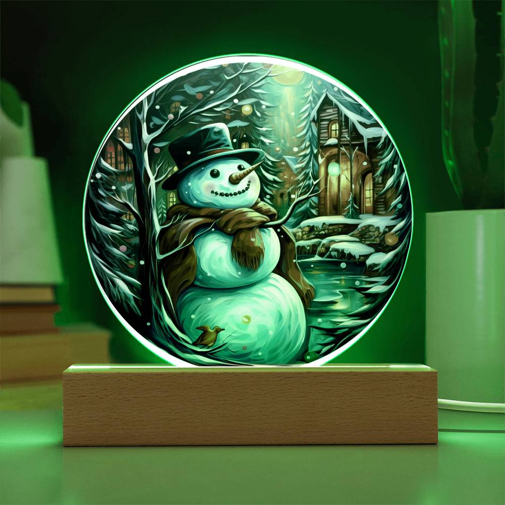 Snowman Acrylic Circle Plaque with Available LED Night Light