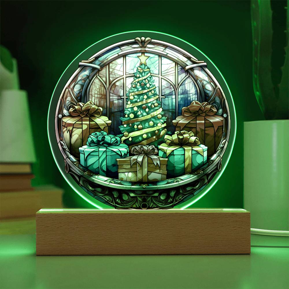 Christmas Tree and Gift Acrylic Circle Plaque with LED