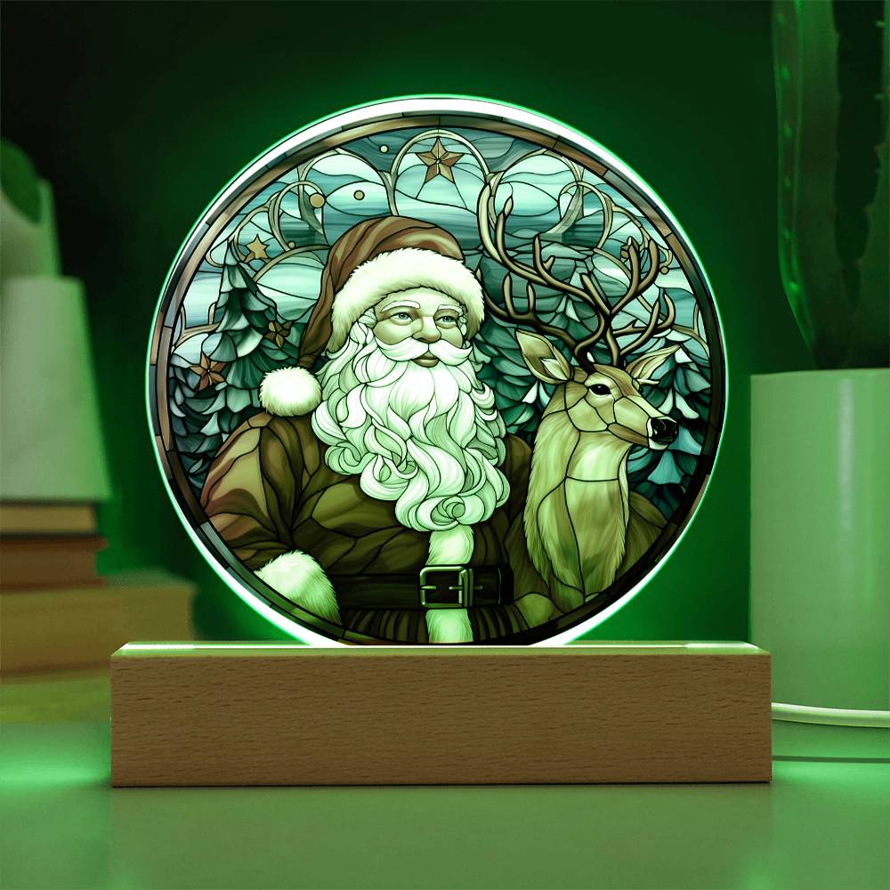 Santa with Reindeer- Acrylic Circle Plaque with Available LED Night Light