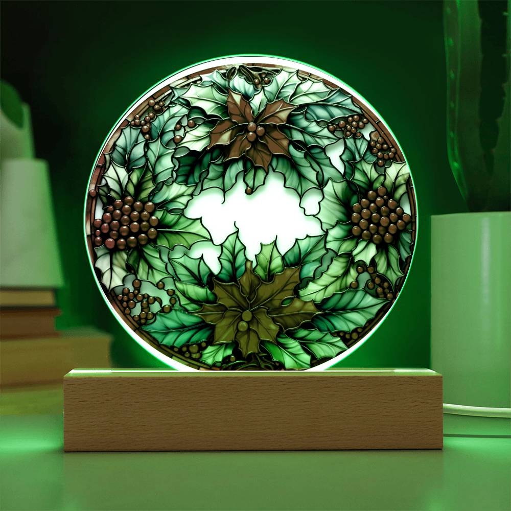 Christmas Wreath - Acrylic Circle Plaque with Available LED Night Light