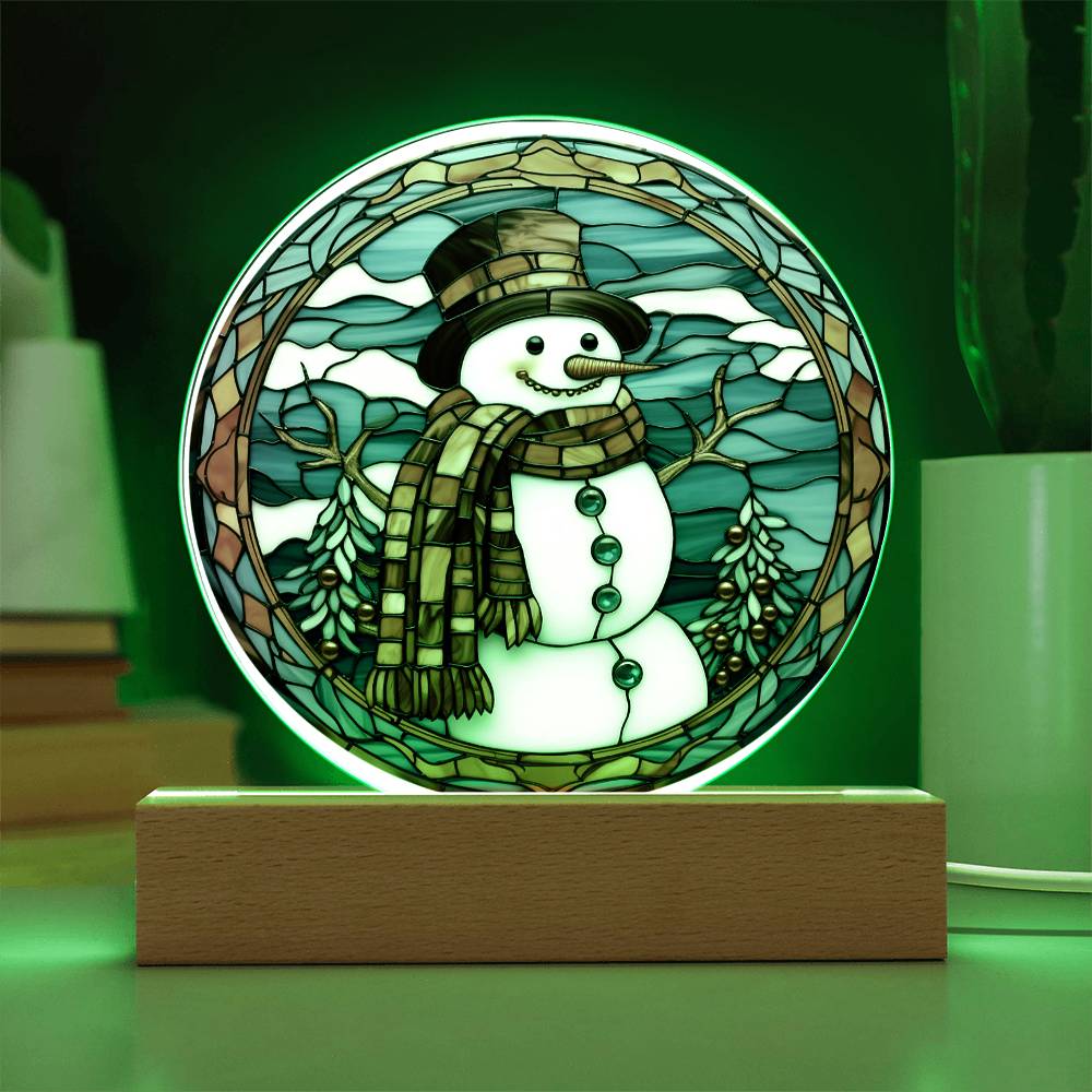 Stained Glass Snowman Acrylic Circle Plaque with Available LED Night Light