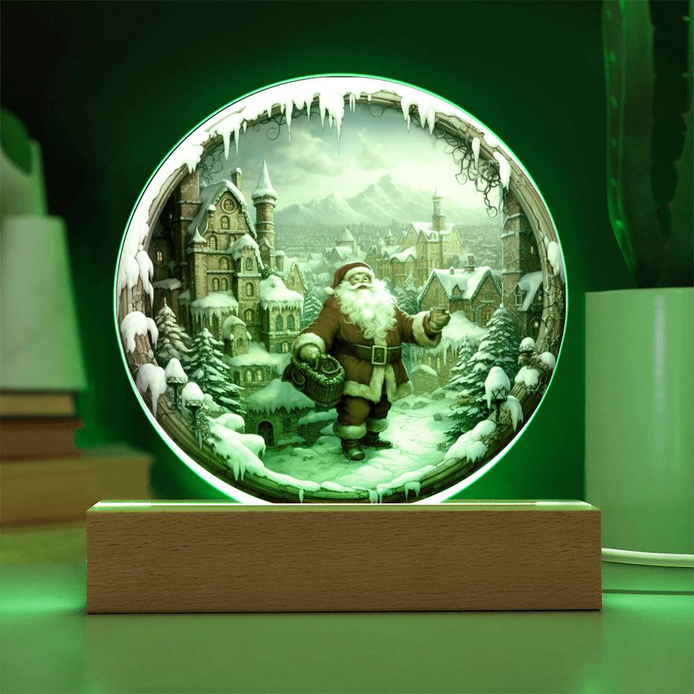 Christmas Santa Comes To Town Acrylic Circle Plaque with Available LED Night Light