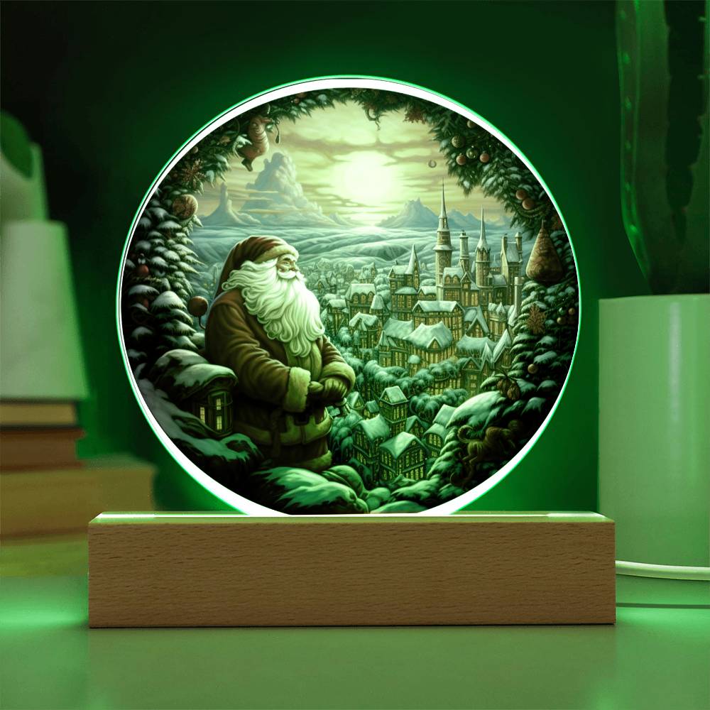 Christmas Santa and Town Acrylic Circle Plaque with Available LED Night Light