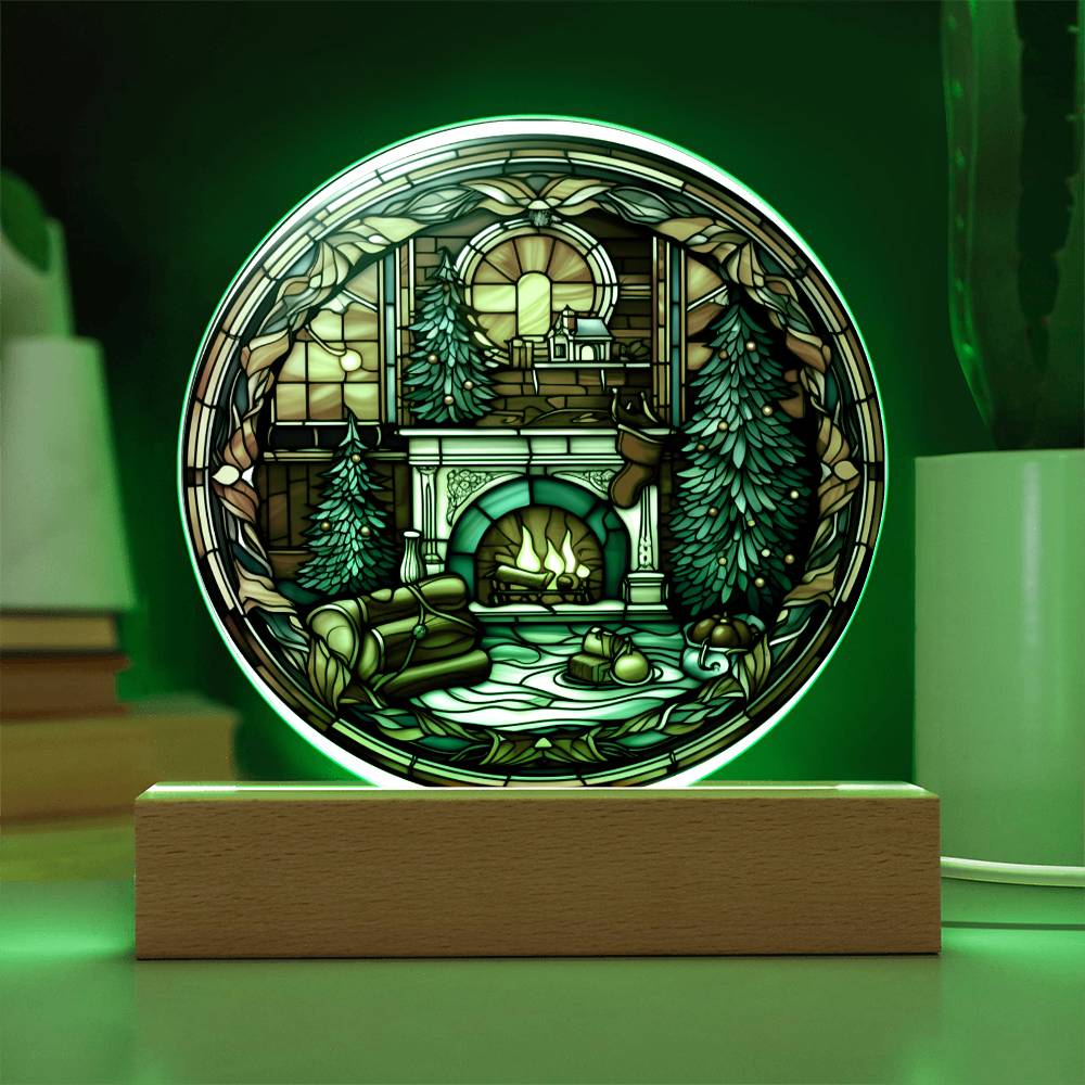 Christmas Fireplace- Acrylic CirclePlaque with Available LED Night Light