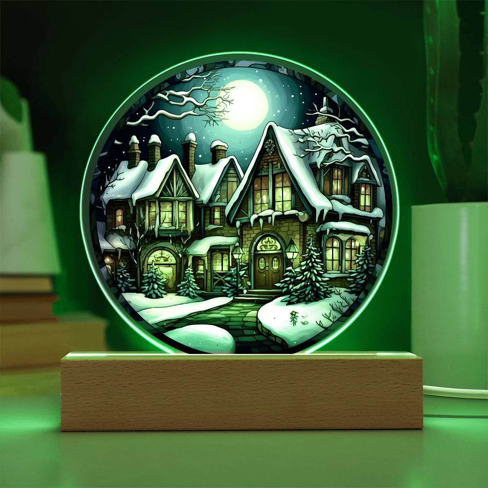 Snow Covered House Acrylic Circle Plaque with LED Home Decor Gift