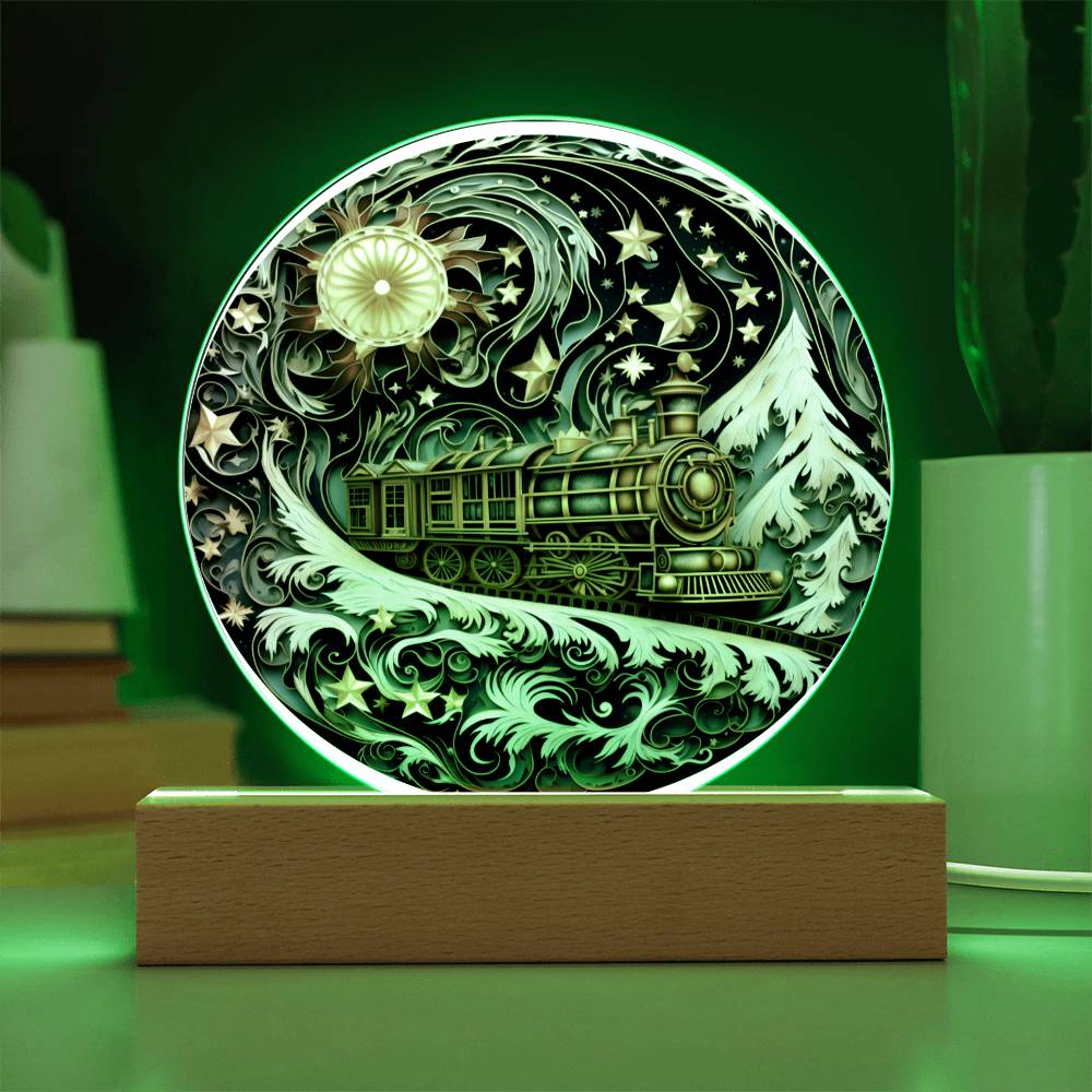 Christmas Gift - Acrylic Circle Plaque with Available LED Night Light - Wonderful Train Christmas