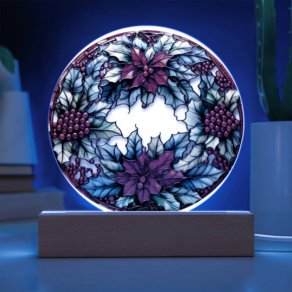 Christmas Wreath - Acrylic Circle Plaque with Available LED Night Light