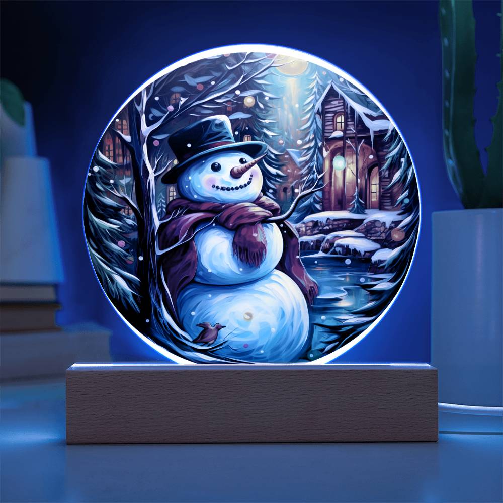 Snowman Acrylic Circle Plaque with Available LED Night Light