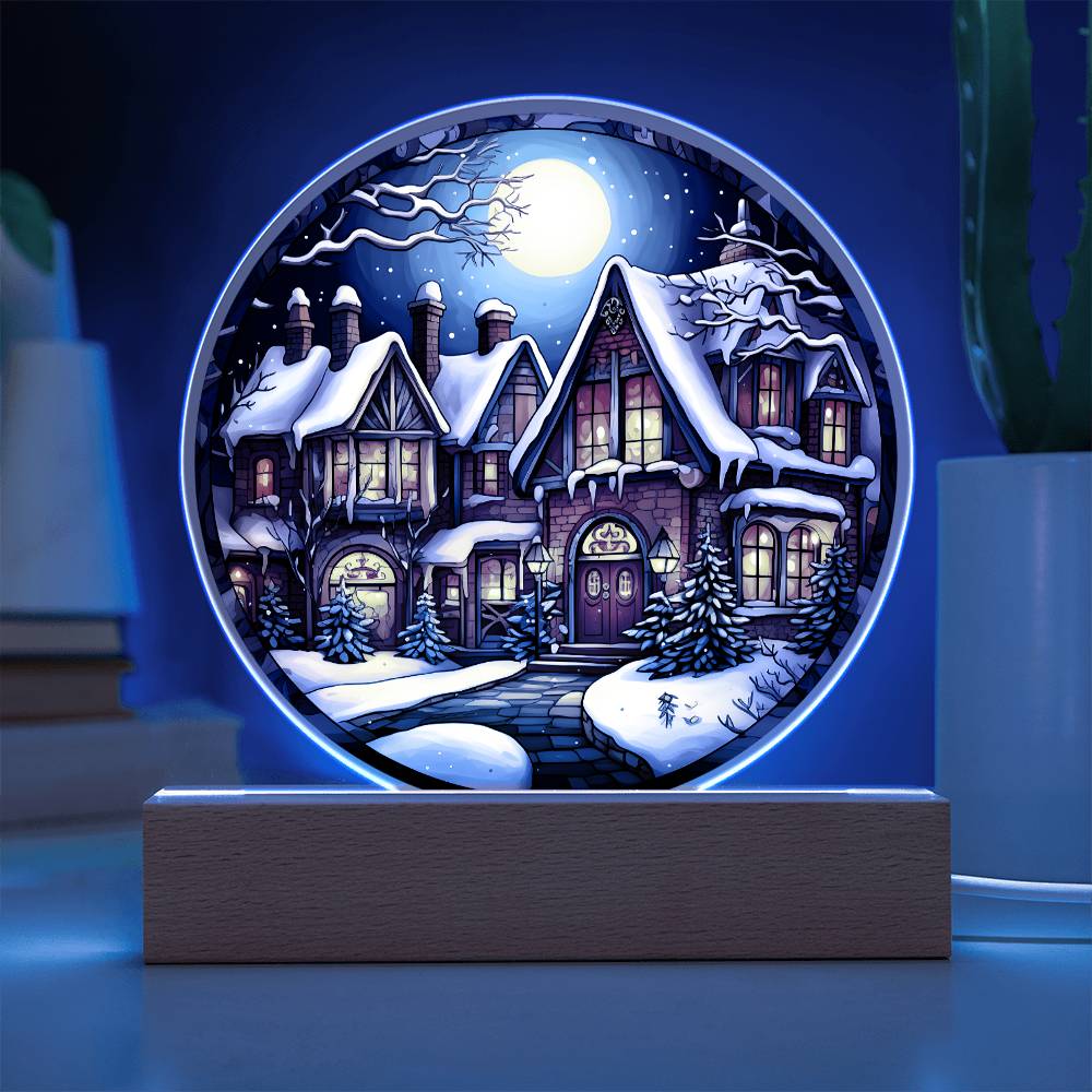 Snow Covered House Acrylic Circle Plaque with LED Home Decor Gift