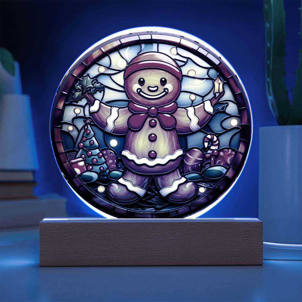 Christmas Gingerbread Man - Acrylic Circle Plaque with Available LED Night Light