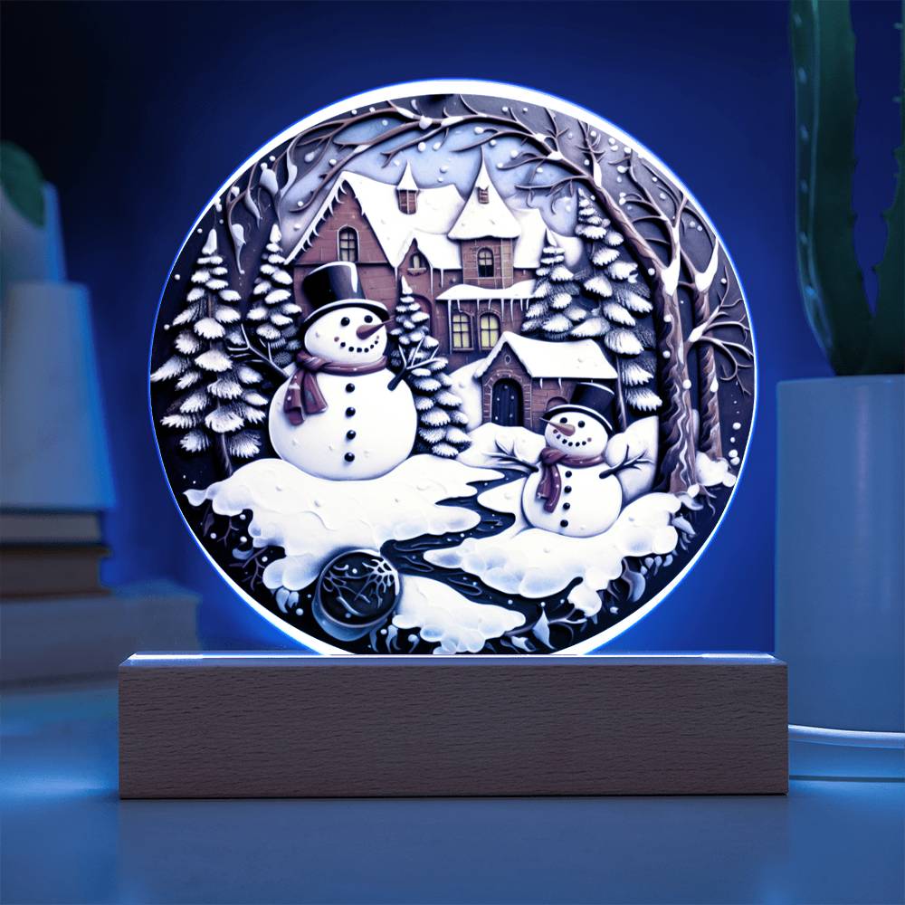 Twin Snowmen Acrylic Circle Plaque with Available LED Night Light