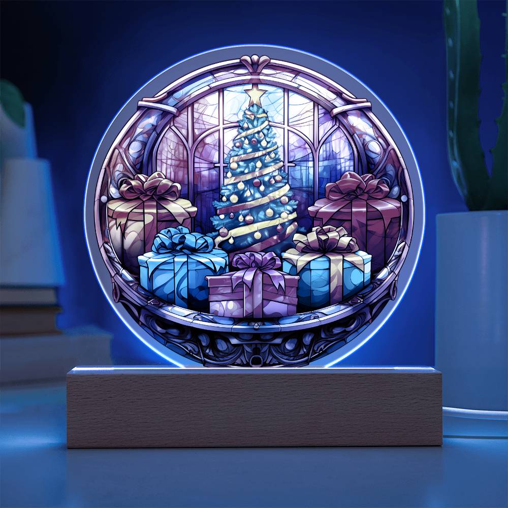 Christmas Tree and Gift Acrylic Circle Plaque with LED