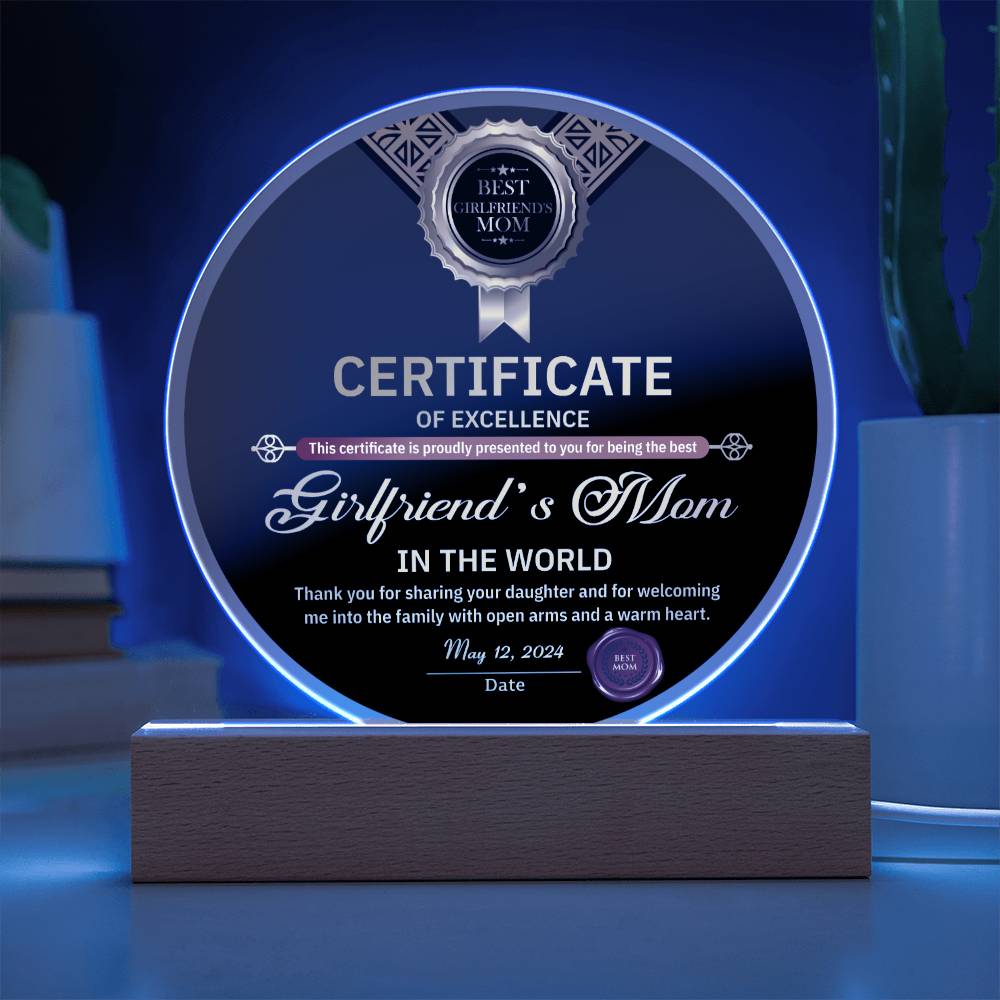 Girlfriend's Mom Circle Acrylic Plaque Table Lamp - Certificate Of Excellence